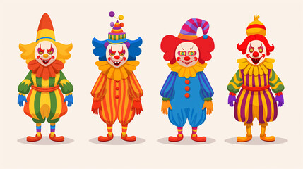 Naklejka premium Four clowns dressed in various costumes, bringing joy and laughter to a Halloween celebration.