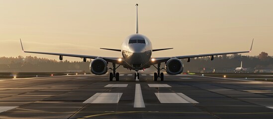 A jet aircraft prepared for touchdown with a clear sky background suitable for adding text or other images copy space image