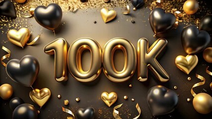 100k followers golden text with black hearts balloons on glitter background. social media concept	