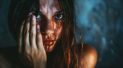 Stop violence against Women. Scared woman covering her face with her hand. Problems of sexual abuse, harassment, human trafficking, domestic violence rape. Women's day. Horizontal banner Copy space