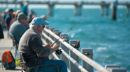 Friends casting lines from a dock on a sunny day, surrounded by calm waters.