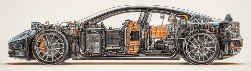 Transparent Electric Car with Detailed Engine Illustration.
