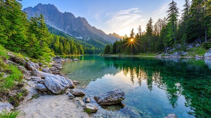 Serene Mountain Lake at Sunrise with Crystal Clear Waters and Majestic Peaks