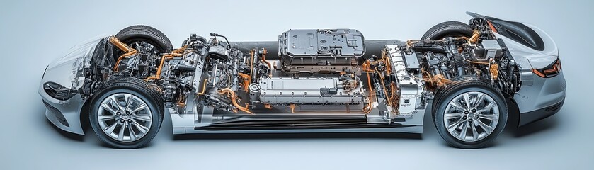 Fototapeta premium Cutaway view of a car engine and chassis.