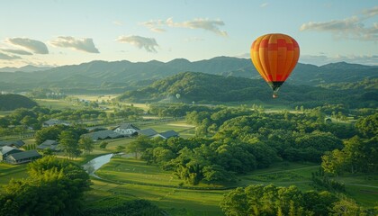 Fototapeta premium Hot Air Balloon Soaring over Picturesque Countryside, Farm Buildings, and Lush Green Fields
