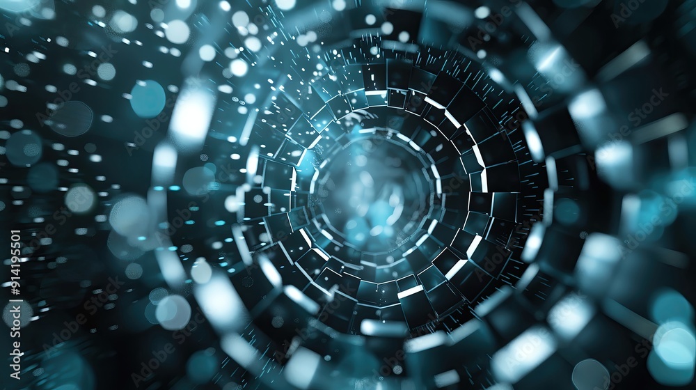 Poster a mesmerizing digital tunnel with vibrant blue lights and particles, creating a sense of depth and m