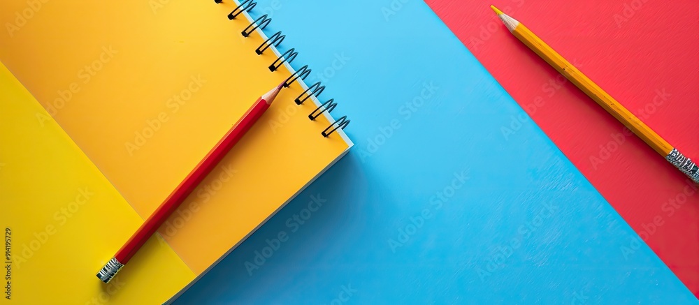 Poster top view of a notebook and pencil on a colorful background in a flat lay composition with copy space