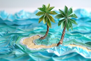 Origami Paper Illustration of Caribbean Paradise Island

