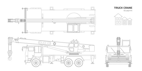 Truck crane outline blueprint. Side, top and front views. Industrial equipment drawing. Isolated loader car in line style. Contour template. Building lorry