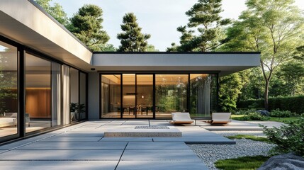 Stylish modern house 3D visualization with a private courtyard and large sliding doors.