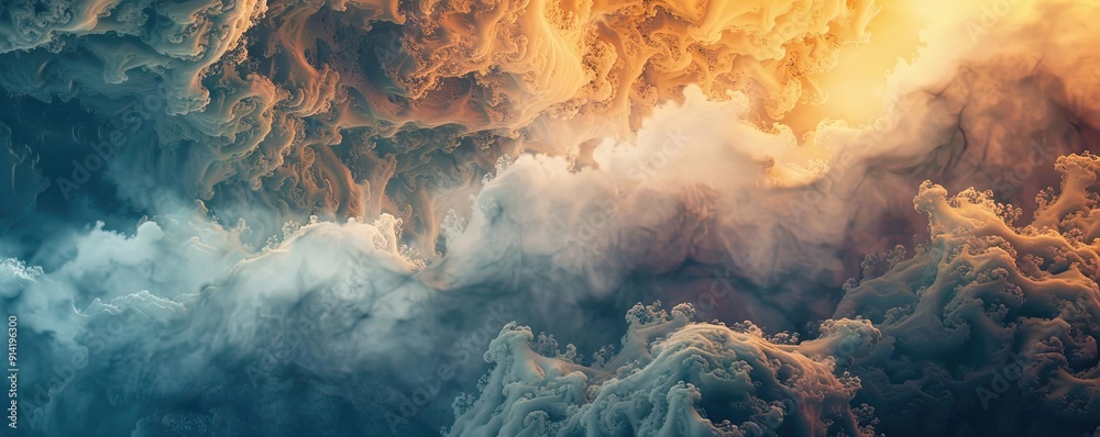 Poster Vibrant and dramatic cloudscape with swirling patterns, showcasing vivid colors transitioning from blue to orange.