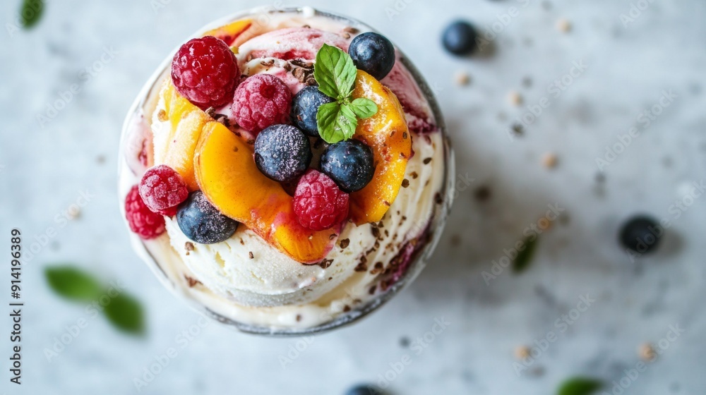 Poster top view of a stacked ice cream dessert with fresh fruit, inside a minimalist