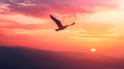 Fototapeta premium Silhouette of Bird in Flight at Sunset with Vibrant Sky and Serene Landscape, Evoking Freedom and Tranquility