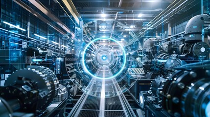 A high-tech factory where human engineers and robots collaborate to build advanced aircraft engines, bathed in blue and white lights