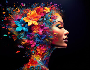 Kobieta z profilu na czarnym tle, w kwiatach, fantazyjny portret tapeta generative ai 