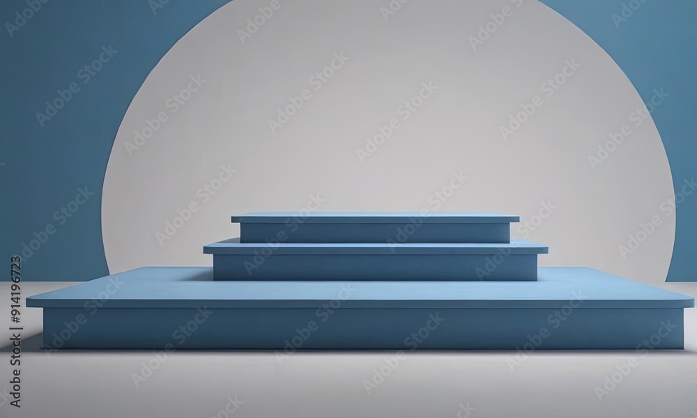 Poster a blue stage with three steps and a white circle in the background