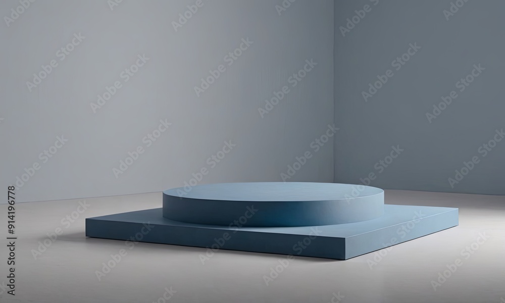 Poster a blue square and a blue round object are placed in a room
