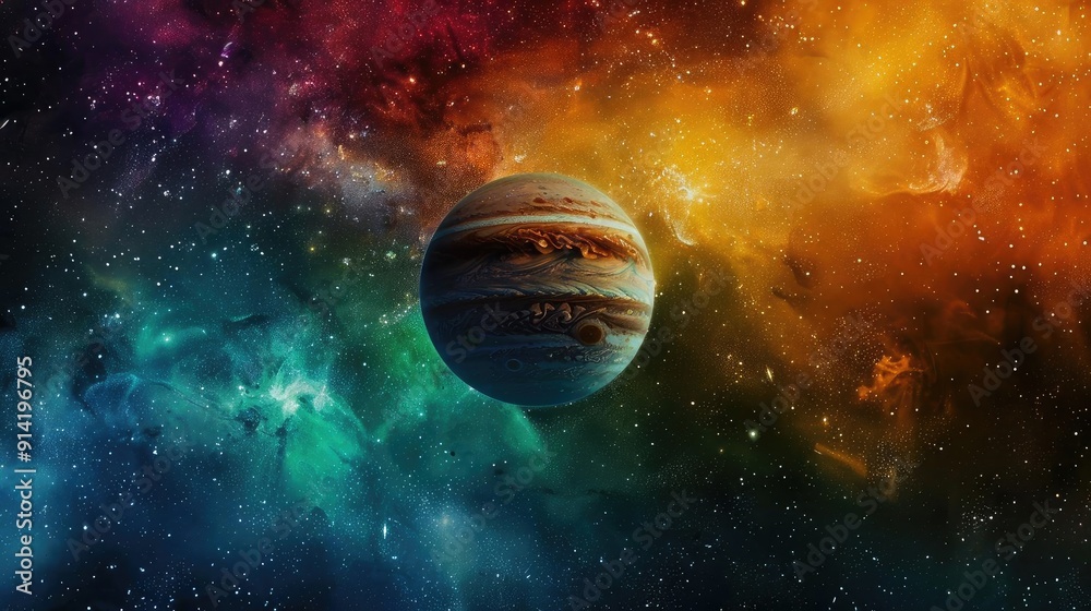 Poster stunning image of jupiter in a colorful cosmic nebula, showcasing deep space beauty and the mysterie