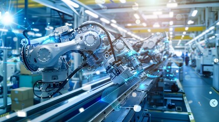 A high-tech factory where human engineers and robots collaborate to build advanced aircraft engines, bathed in blue and white lights