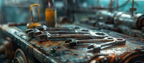 An industrial hardware set with grungy rusted wrenches and dirty screwdrivers in a mechanic s auto repair shop background with a blurred copy space image