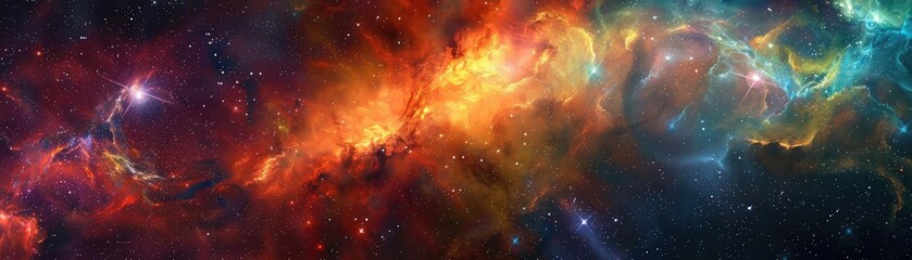 Naklejka premium A breathtaking view of a colorful nebula in space, showcasing swirling clouds of interstellar gas and vibrant hues in the cosmos.