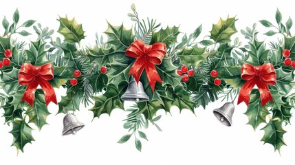 Green Garland Border with Silver Bells and Red Bows

