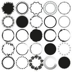 Circular frame icons. Varied border designs. Black and white elements. Vector illustration.