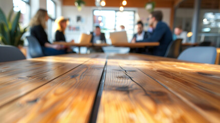 Modern office interior with wooden table in foreground. Blurred background shows people in meeting. Bright, open workspace with windows and plants. Professional environment for collaboration.