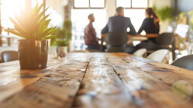 Modern office space with sunlit wooden table. Blurred figures in background discussing business. Potted plant adds natural touch. Bright, open workspace emphasizing collaboration and creativity.