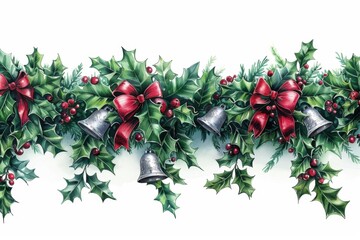 Green Garland Border with Silver Bells and Red Bows

