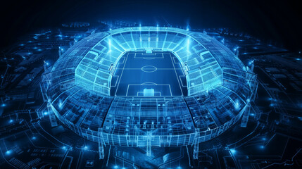 Futuristic digital rendering of sports stadium. Glowing blue holographic lines outline structure. Aerial view showcases field and seating. High-tech visualization of arena.