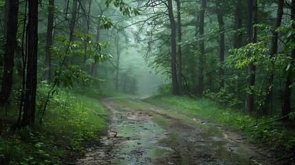 Obraz premium Misty Forest Path After Rain