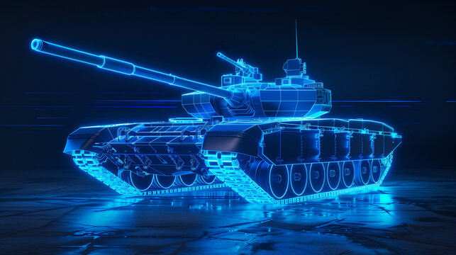 Futuristic neon blue tank hologram. Detailed 3D wireframe model of military vehicle. High-tech digital representation showcasing advanced design and technological capabilities in defense industry.