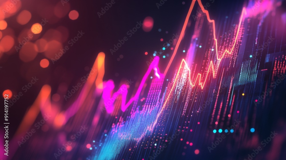 Poster Vibrant 3D financial graph with abstract shapes and glowing elements illustrating data points.