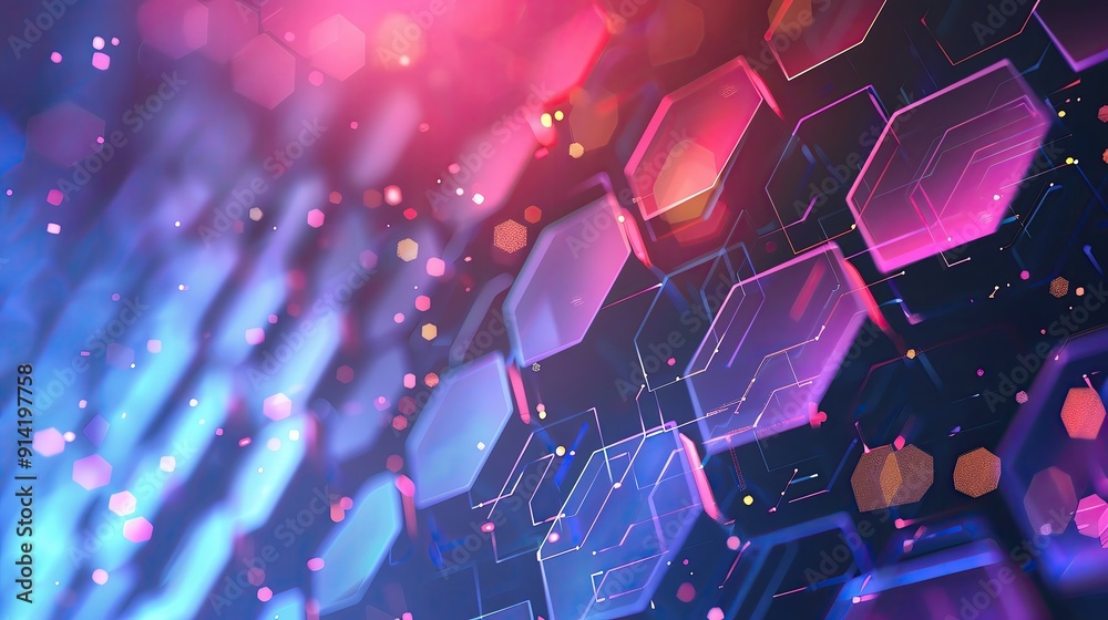Poster a vibrant abstract background showcasing hexagonal patterns and glowing elements in vivid pink and b
