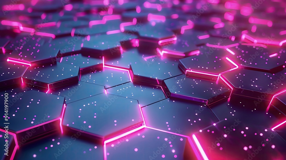 Poster futuristic hexagonal pattern with glowing pink lines and particles, ideal for tech and digital backg