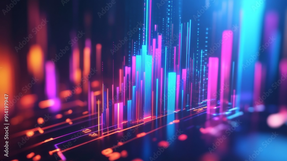 Poster Vibrant 3D financial graph with abstract shapes and glowing elements illustrating data points.