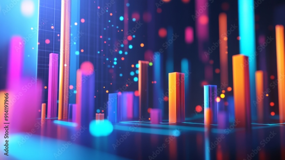 Poster Vibrant 3D financial graph with abstract shapes and glowing elements illustrating data points.