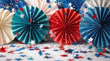 A collection of Fourth of July party supplies including balloons, confetti, and other festive decorations.