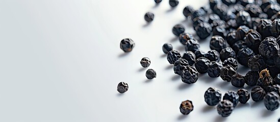 Close up of black peppercorns on a white surface with copy space image