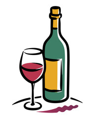 A bottle of wine and a glass of wine