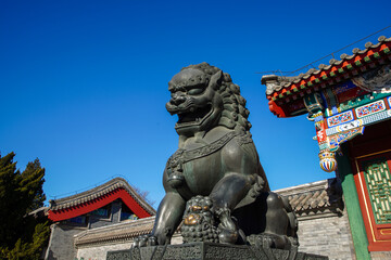 Bronze lion sculpture outside the gate of Summer Palace Museum in Beijing.