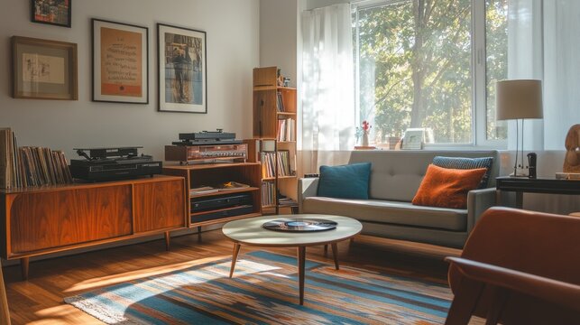A retro living room with mid-century modern furniture, a vinyl collection, and a classic record player emitting soothing lofi jazz vibes