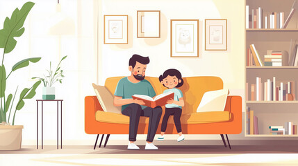 Illustration, Father and Child Reading Together, sitting on the sofa in the living room. Quality time with father and child. Reading a book together. Togetherness. Happy family. Daddy and child. Every
