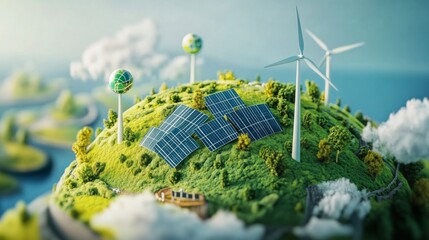 Vibrant 3D globe featuring solar panels and wind turbines in an eco-friendly design.