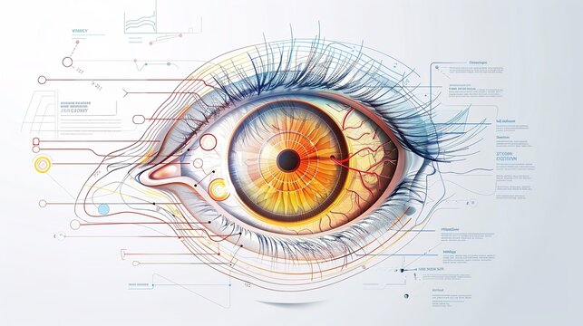 Realistic vector depiction of the interior structure of the human eye organ on a white background&mdash;an infographic on anatomy. backdrop concepts for web design, Generative AI.