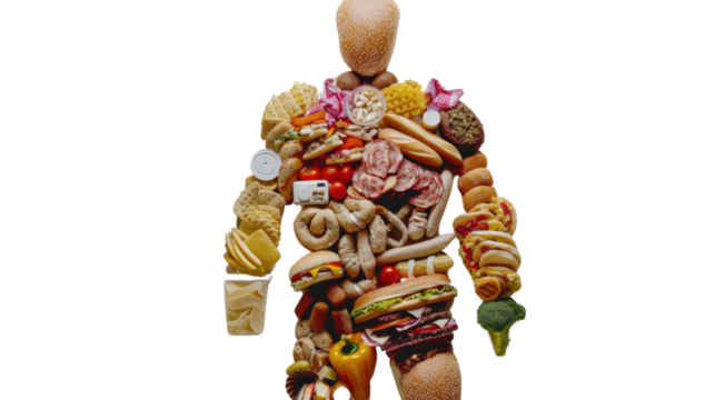 A human fat figure made of various fast food on transparent background 