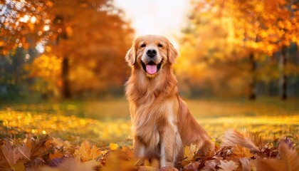 happy Golden retriever outdoors in a park in autumn season with fall leaf and colorful tree background