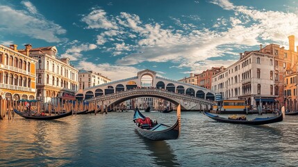 Venice, Italy - September 23, 2019: Panoramic view of the Grand Canal with gondolas and the Rialto Bridge (Ponte di Rialto). Venice, Italy