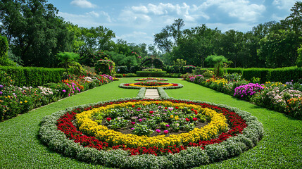 Obraz premium A well-manicured garden with a variety of flowers arranged in symmetrical patterns 